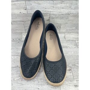 Clarks Danelly Adira Navy Blue Leather Perforated Espadrille Flats Women Sz 11M